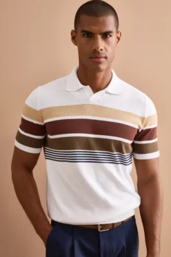 Polo a Righe in Cotone con Bordo a Costina - BIANCO RIGATO