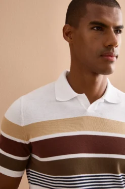 Polo a Righe in Cotone con Bordo a Costina - BIANCO RIGATO