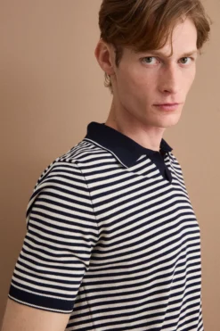 Polo Derby a Righe in Cotone Dry - BLU/PANNA