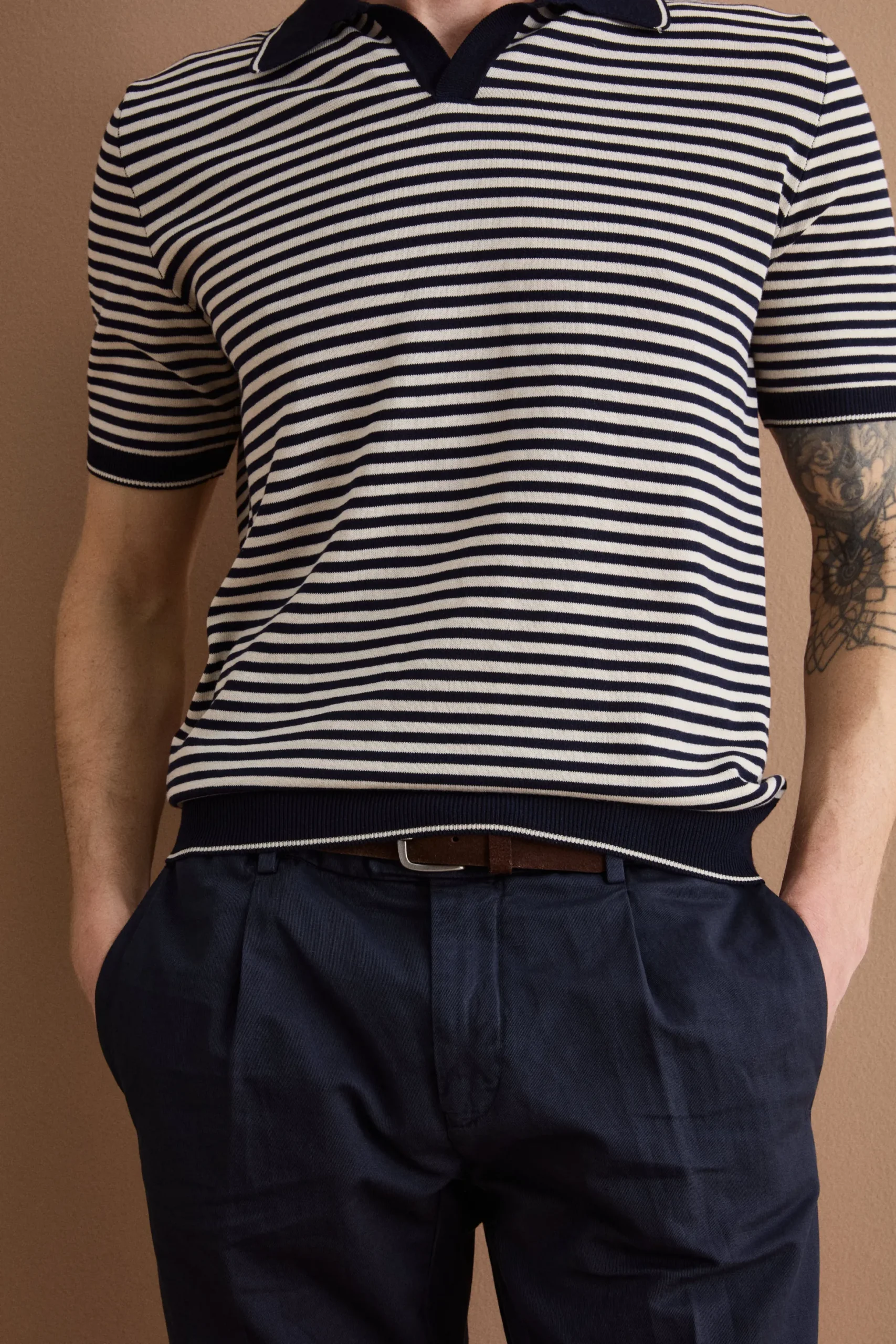 Polo Derby a Righe in Cotone Dry - BLU/PANNA