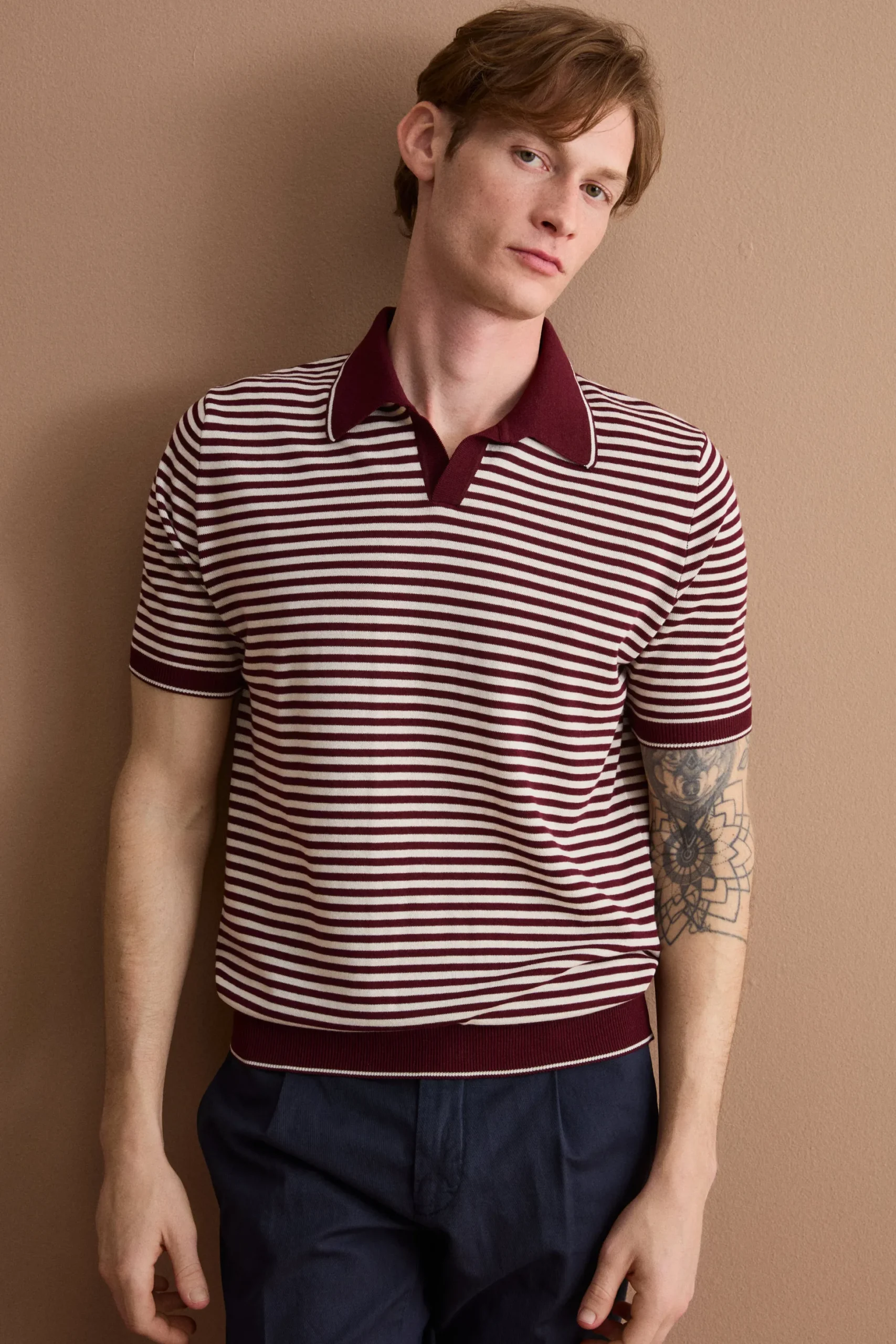 Polo Derby a Righe in Cotone Dry - BORDEAUX/PANNA