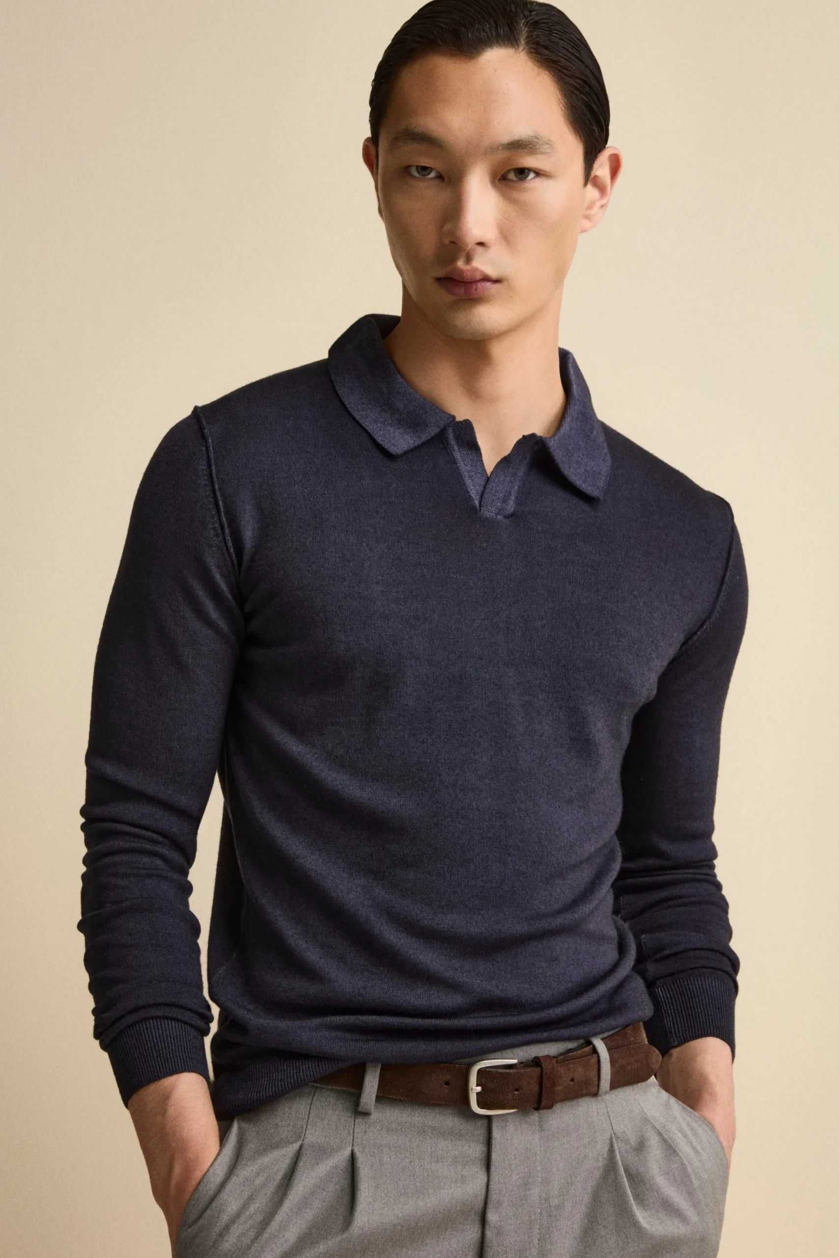 Polo derby in lana merino - BLU MARINE