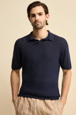 Polo Derby Mezza Manica in Misto Lino - NAVY