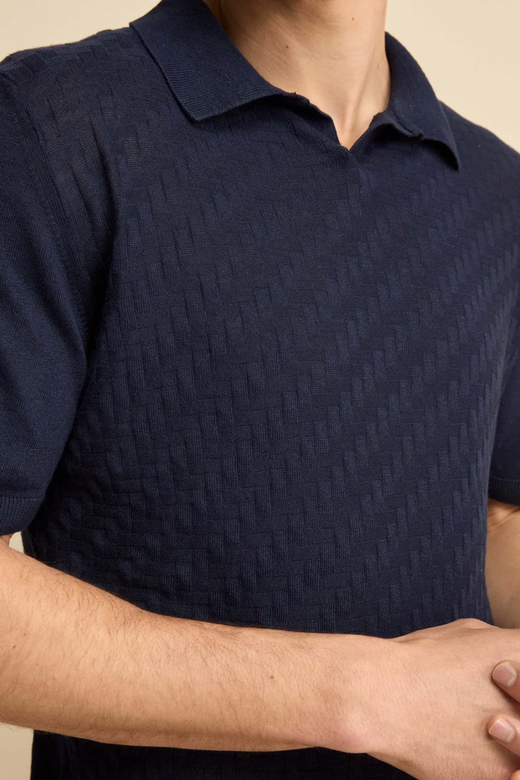 Polo Derby Mezza Manica in Misto Lino - NAVY