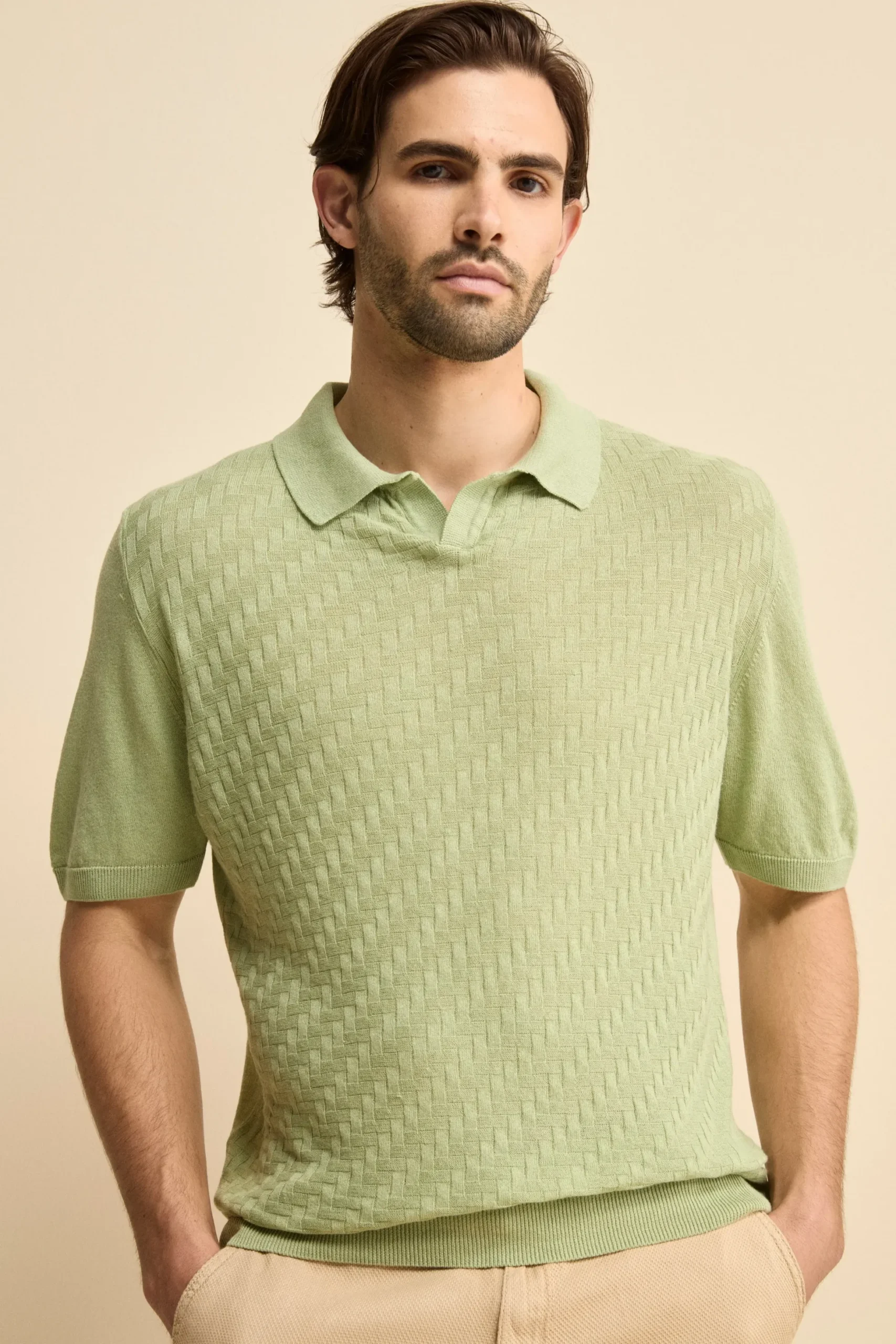 Polo Derby Mezza Manica in Misto Lino - VERDE PRATO