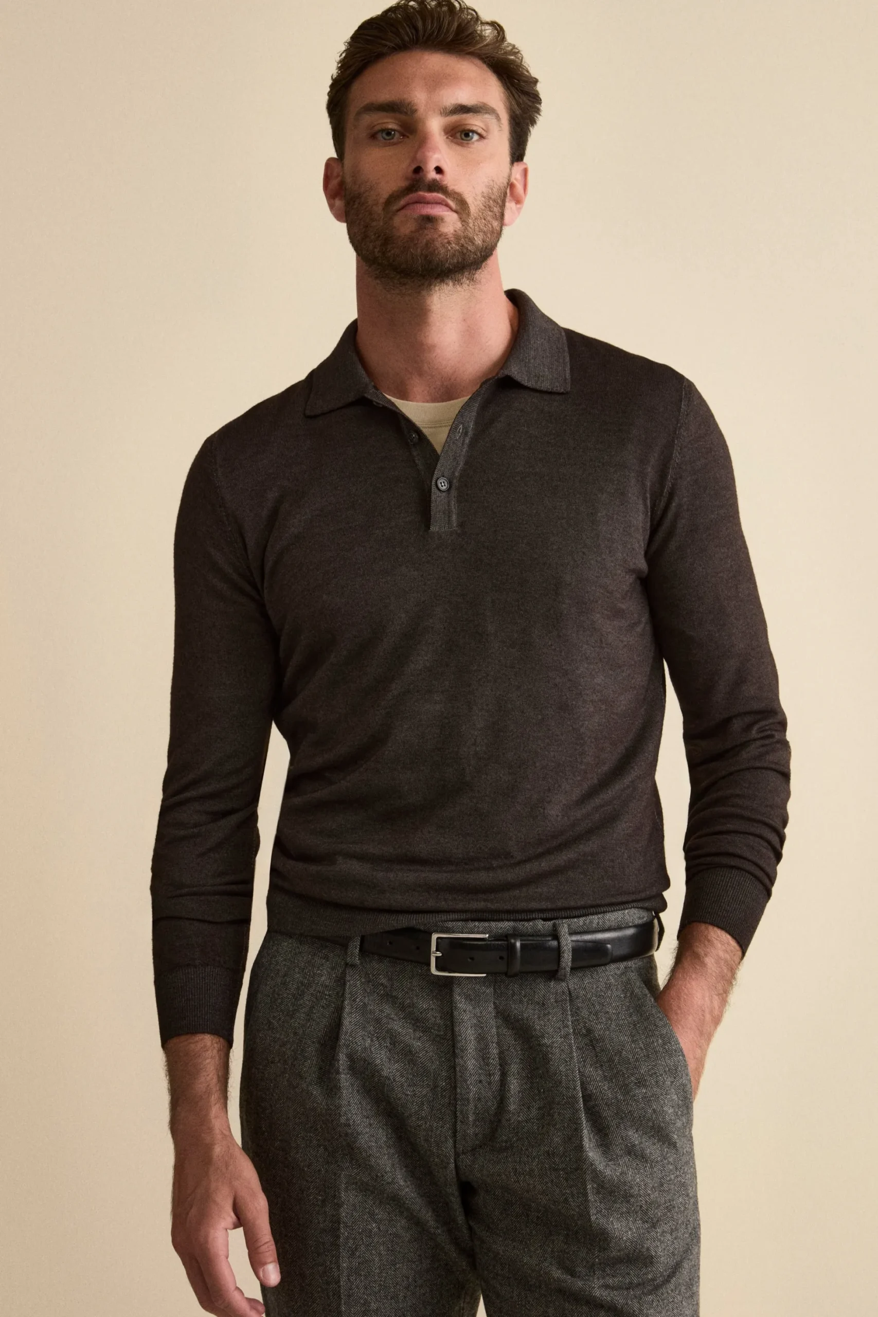 Polo in Maglia con Bottoni in Lana Merino - MARRONE