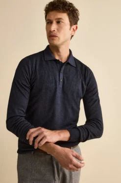 Polo in Maglia con Bottoni in Lana Merino - BLU