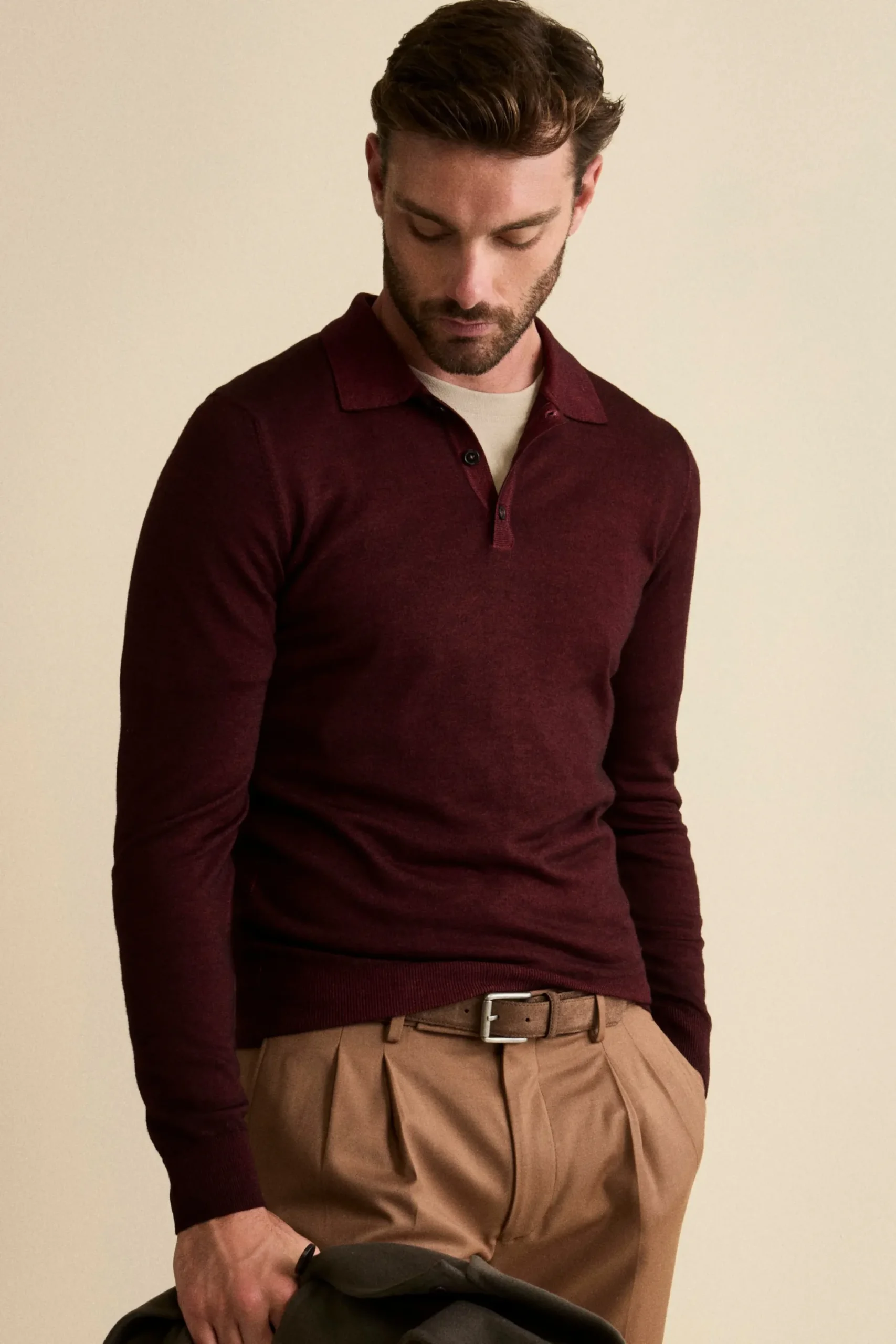 Polo in Maglia con Bottoni in Lana Merino - BORDEAUX
