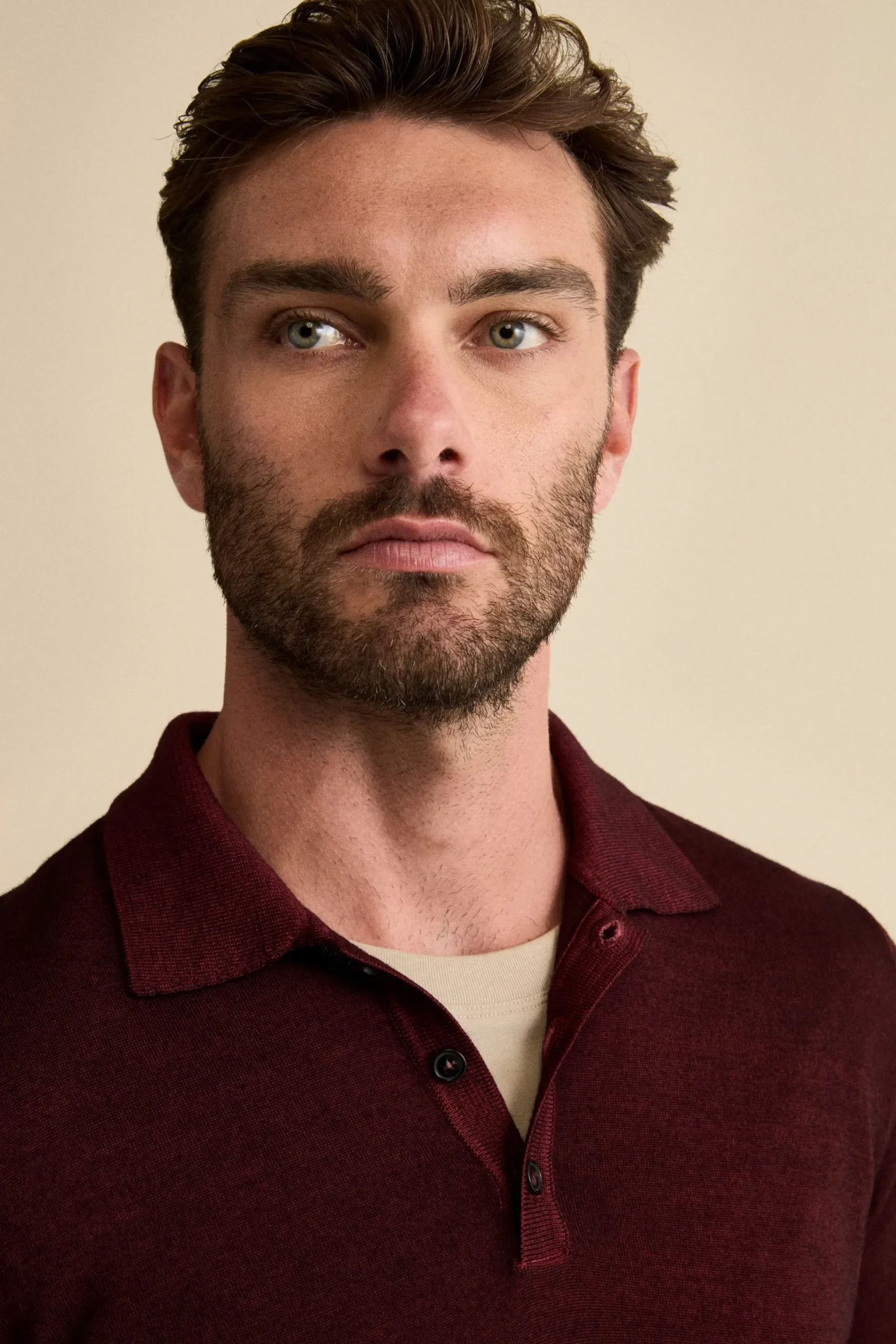 Polo in Maglia con Bottoni in Lana Merino - BORDEAUX