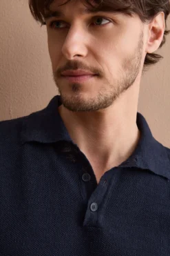 Polo Piquet Mezza Manica in Misto Lino - BLU