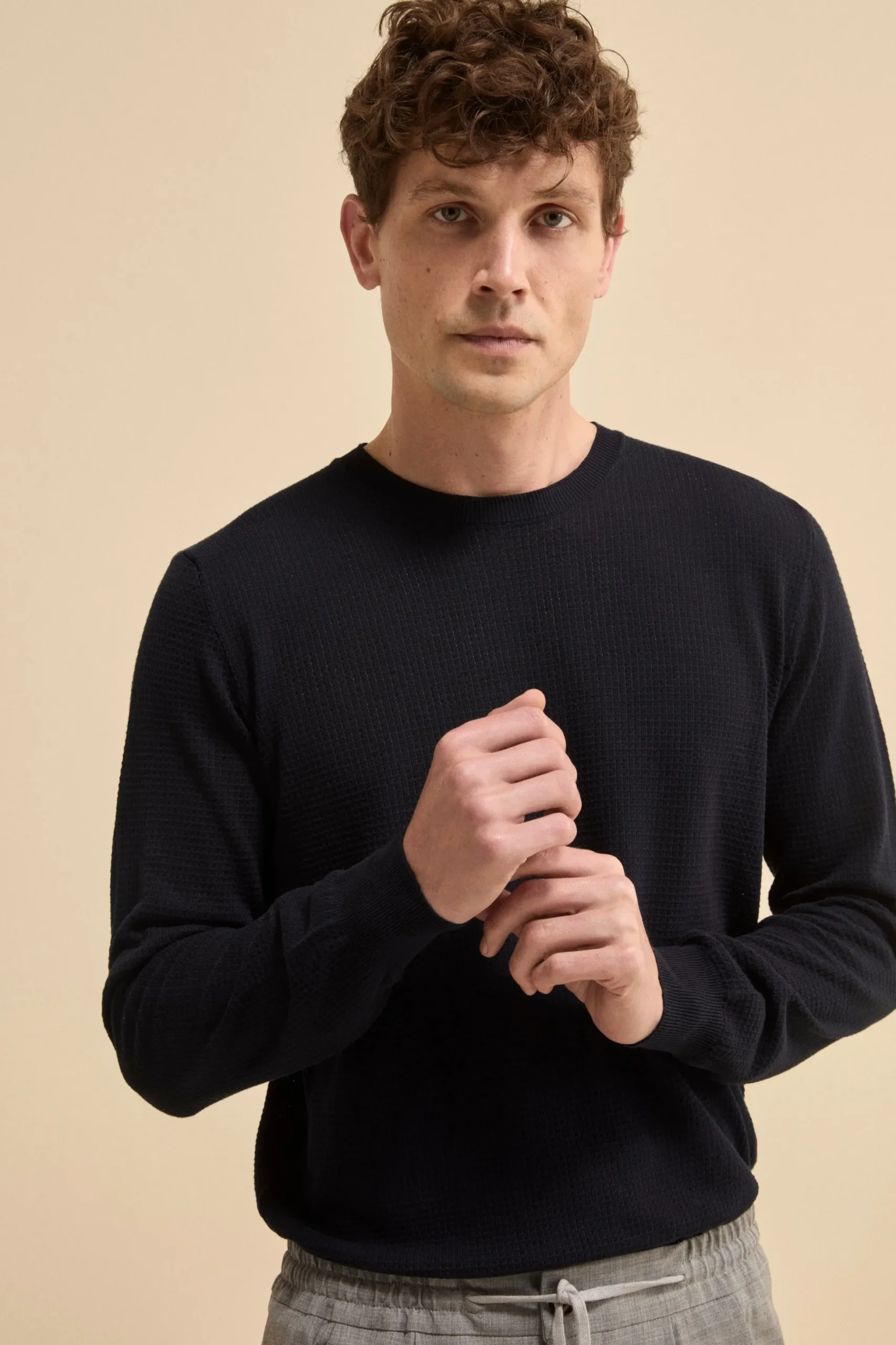 Pullover Girocollo Lavorato in Cotone - BLU