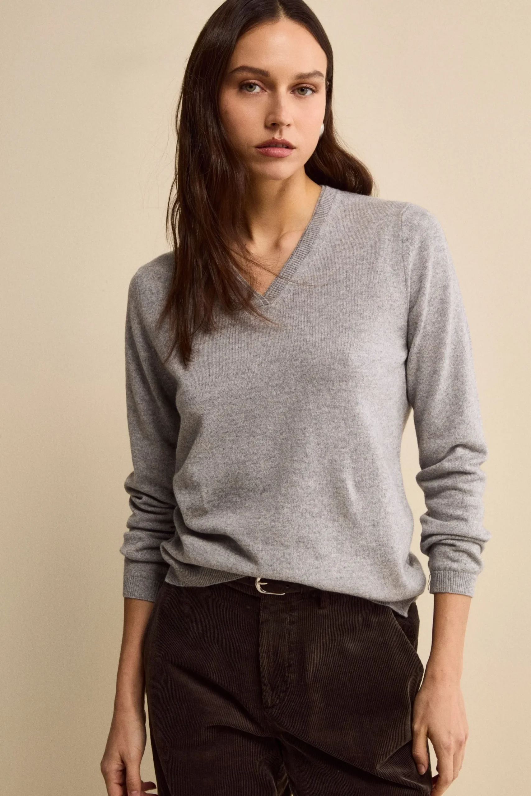 Pullover scollo a V in seta e cashmere - GRIGIO CHIARO