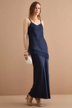 Top Elegante in Raso con Fondo in Pizzo - BLU