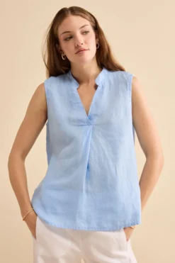 Top Incrociato in Lino con Scollo a V - AZZURRO
