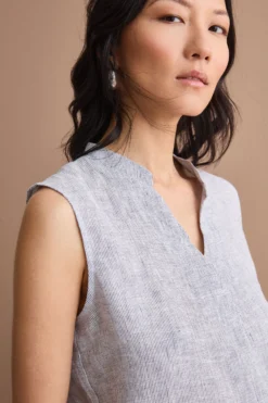 Top Smanicato a Righe in Lino - BLU RIGATO