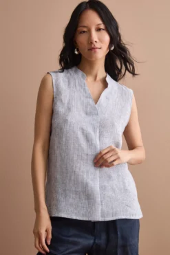 Top Smanicato a Righe in Lino - BLU RIGATO
