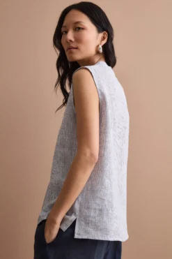 Top Smanicato a Righe in Lino - BLU RIGATO