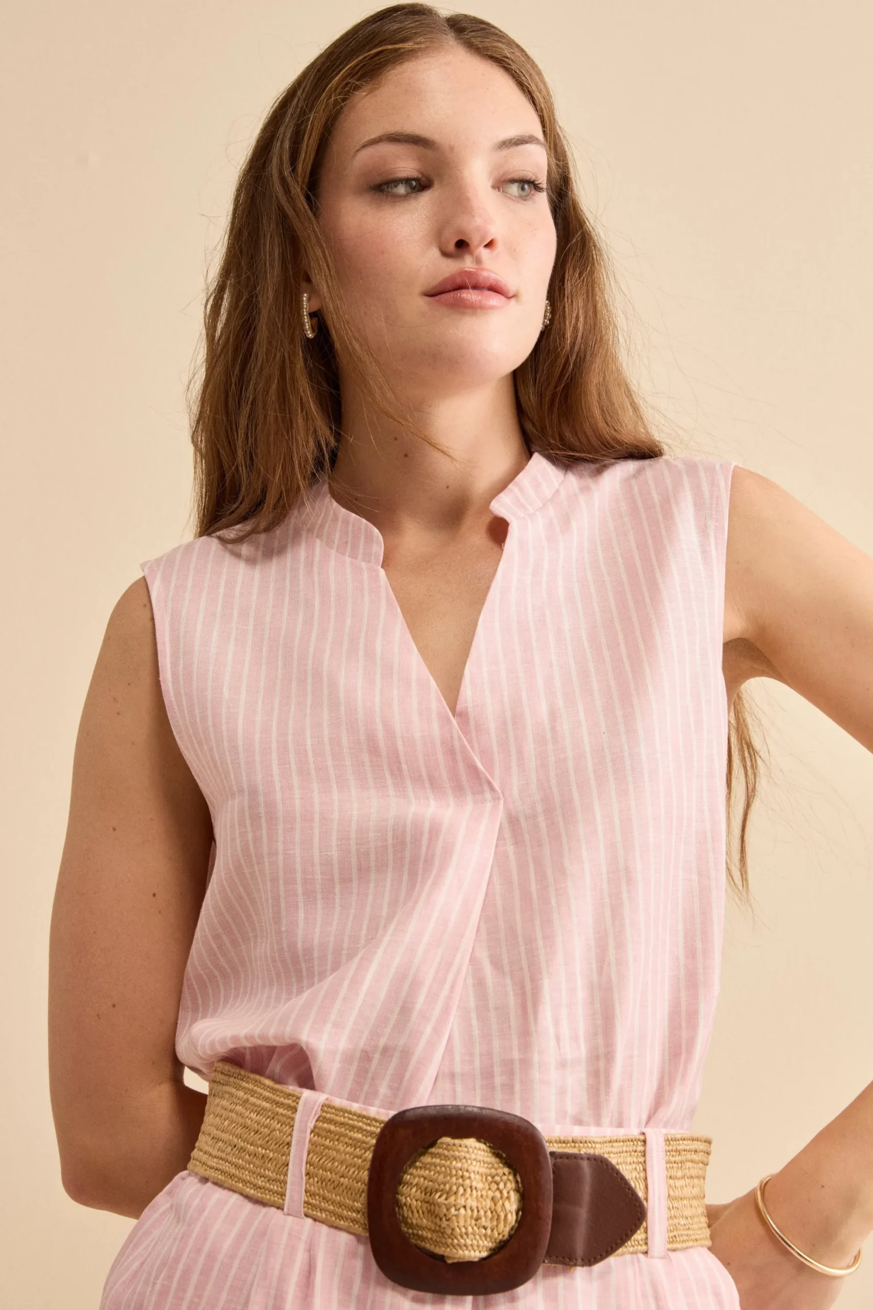 Top Smanicato in Lino a Righe - ROSA RIGATO