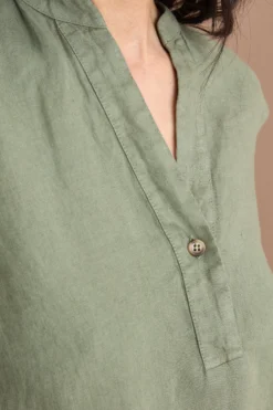 Top Smanicato in Lino con Scollo a V - VERDE MILITARE