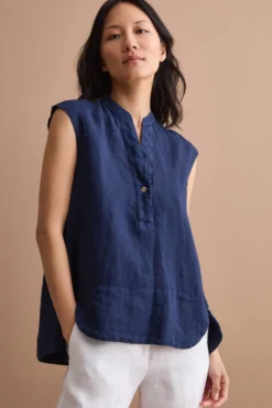 Top Smanicato in Lino con Scollo a V - NAVY