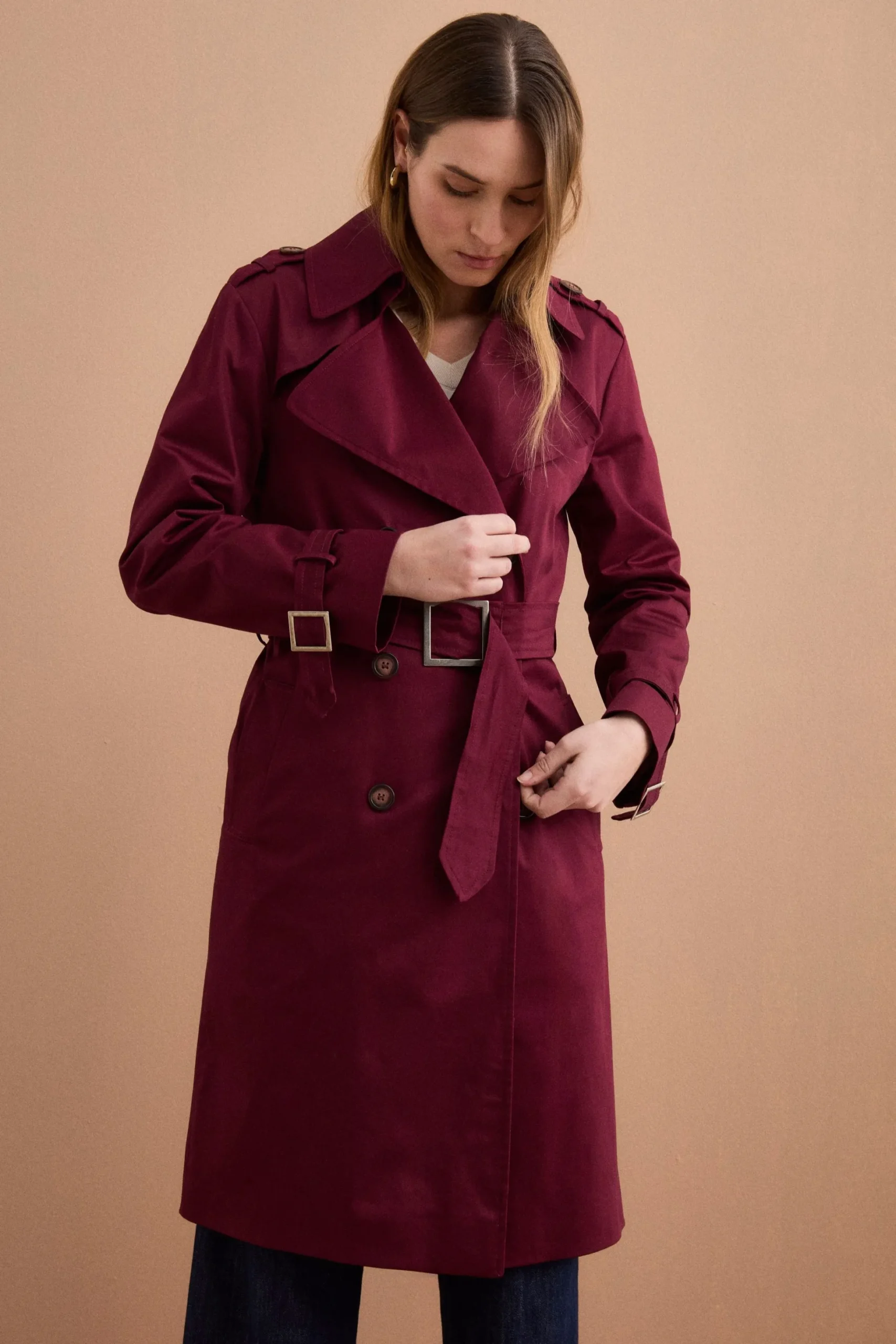 Trench Lungo Doppiopetto Foderato con Cintura - BORDEAUX