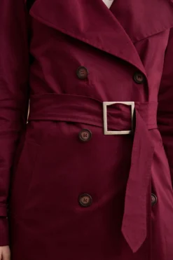 Trench Lungo Doppiopetto Foderato con Cintura - BORDEAUX