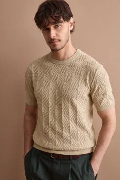 T-Shirt a Rombi in Cotone Crêpe - SABBIA