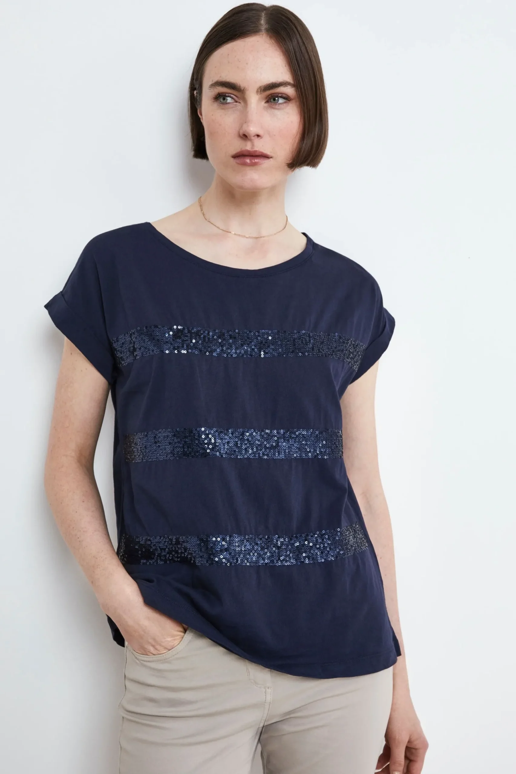 T-shirt con Strass in Cotone - NAVY