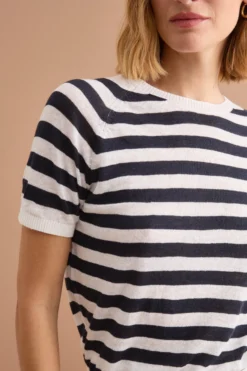 T-Shirt Cropped a Righe in Lino e Cotone - BIANCO/BLU