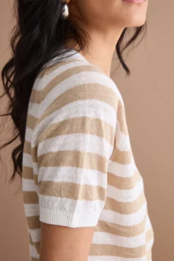 T-Shirt Cropped a Righe in Lino e Cotone - BIANCO/BEIGE