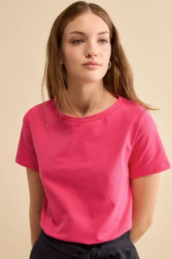 T-Shirt Girocollo in Cotone Elasticizzato - FUXIA