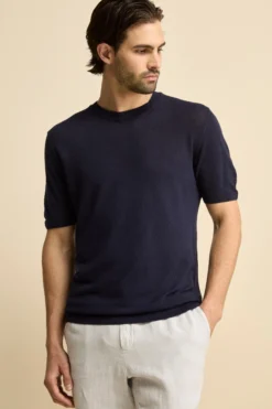 T-Shirt Girocollo in Misto Lino - NAVY