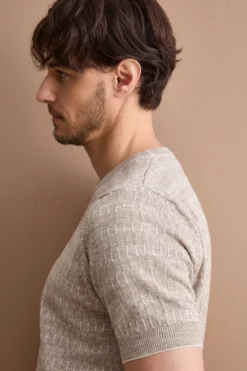 T-shirt in Misto Cotone e Lino Lavorata - BEIGE/PANNA